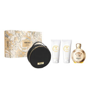 VERSACE EROS 4 PCS SET FOR WOMEN: 3.4 EAU DE PARFUM SPRAY + 3.4 BODY LOTION + 3.4 BATH & SHOWER GEL + ROUND MAKE UP CASE
